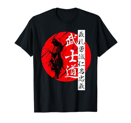 Siete Virtudes de Bushido Samurai Accesorios Código Bushido Samurai Kanji Guerrero Camiseta Unisex Adulto Manga Corta Negra Talla S