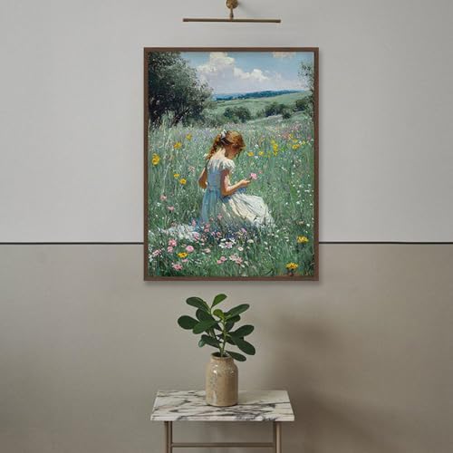 Framed Girl in Wildflower Meadow Wall Art – Impressionist Oil Painting Print on Canvas, Pastoral Nature Artwork for Living Room or Nursery Decor – 24x32 Inches by B BLINGBLING - Used condition - Image 4