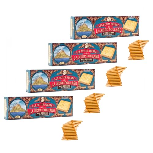 La Mère Poulard® | Galletas de Mantequilla Pura | Galletas De Mantequilla Tradicionales Cuadradas | Panecillos de Mantequilla - 4 x 145 Gr