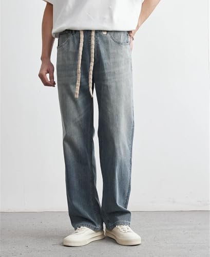 Men's Japanese Style Retro Jeans Elastic Waist Loose Straight Casual Denim Pants 7