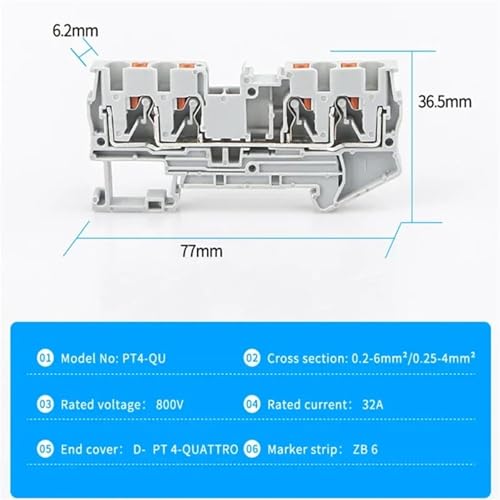 Bloques de terminales PT4-QUATTRO grises: conecte cables en riel DIN sin usar tornillos 4