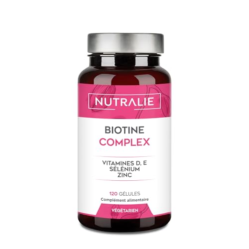 Biotine cheveux 10000 mgc - Cheveux Peau et Ongles - Vitamines E D Zinc Sélénium - 120 Capsules Végétarien Nutralie