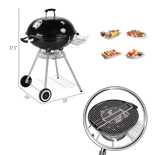 Bonnlo Classic Kettle Barbecue - 54cm Grill Area, Charcoal BBQ Grill with porcelain-enameled lid, Adjustable Vent, Integrated Thermometer, Shelf, Wheels - Black - Image 2
