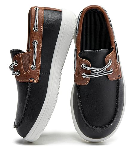 DADAWEN Boys Girls Dress Shoes Boat Shoe Slip on Loafers Casual School Shoes (Toddler/Little Kid/Big Kid) Black US Size 9 M Toddler