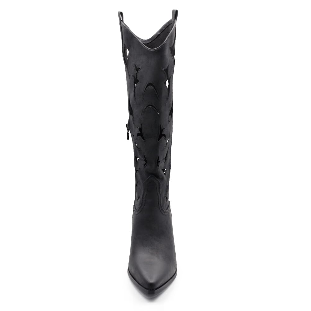 IF Stivali Alti Texani Donna Western in Pelle Sintetica Vegana, Design Traforato, Tacco Medio e Punta Affusolata