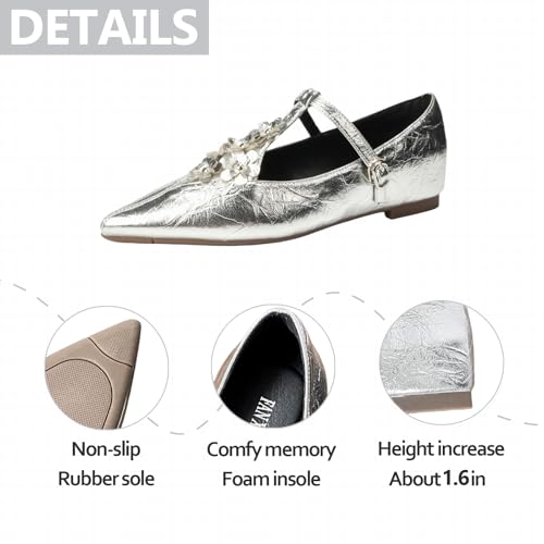 Womens Flower T-Strap Pointed Toe Ballet Flats Patent Leather Internal Height Increase Shallow Mouth Closed Pointed Toe Flat Mary Janes for Dress Party Prom Office Daily3
