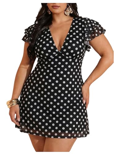 Image of BEAUDRM Women's Plus Size Cocktail Floral Short Dress Deep V Ruffle Short Sleeve Bodycon Mesh Wedding Guest Party Dresses