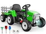 Ride On Tractor With Detachable Trailer: Remote Control Tractor Toys for 3-12 Year Old Kid, 12v Kid‘s Electric Vehicles With Led Headlights, Ride On Car Gifts For Kids 3+