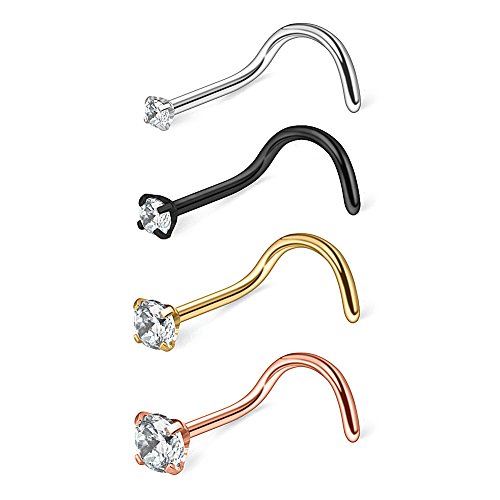 Ruifan 4Pcs 18G 316L Surgical Steel 1.5Mm 2Mm 2.5Mm 3Mm Round Diamond Cubic Zirconia Crystal Nose Screw Studs Rings Piercing Jewelry - Mix Color 2# #TOP11