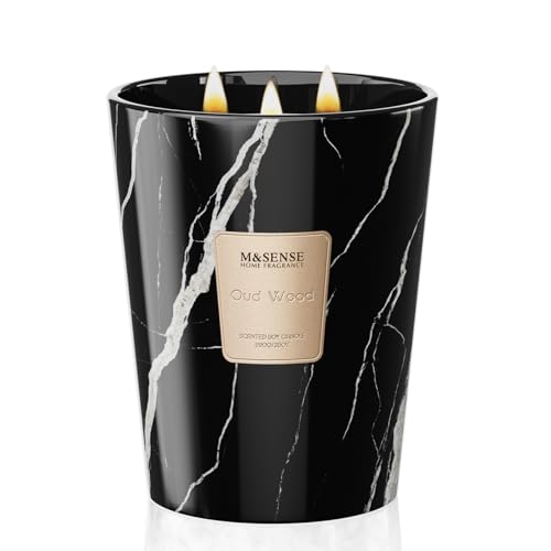 M&SENSE Candela Profumata Grandi 990g Legno Oud, 3 Stoppini 150H Dura, Naturali Cera di Soia Non Tossico Candele, Marmo Vetro Room Decor, Regalo di Lusso per Donne/Compleanni/Natale