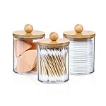 3PCS Acrylic Qtip Dispensers Holders With Wood lid, Clear Bathroom Round Countertop Storage Organizer Canister for Cotton Balls,Swabs,Pads,Bath Salts ,Makeup Sponges,Tooth Floss