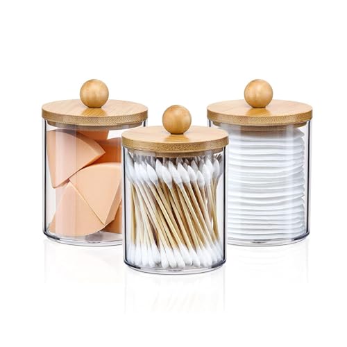 DIYOHFE 3PC Acrylic Qtip Dispensers Holders With Wood lid, Clear Bathroom Round Countertop Storage Organizer Canister for Cotton Balls,Swabs,Pads,Bath Salts ,Makeup Sponges,Tooth Floss