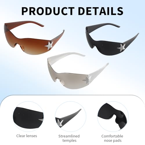 3 PCS Y2K Sunglasses, Y2K Rimless Sunglasses for Women Men, Frameless Wrap-Around, Oversized, Fashionable, Trendy, UV Protection, Unisex (Brown, Black, Gradual White)3