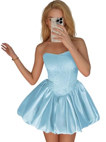 yinyyinhs Strapless Satin Homecoming Dresses for Teens Jacquard Short Prom Dress A-line Cocktail Party Gowns with Pockets