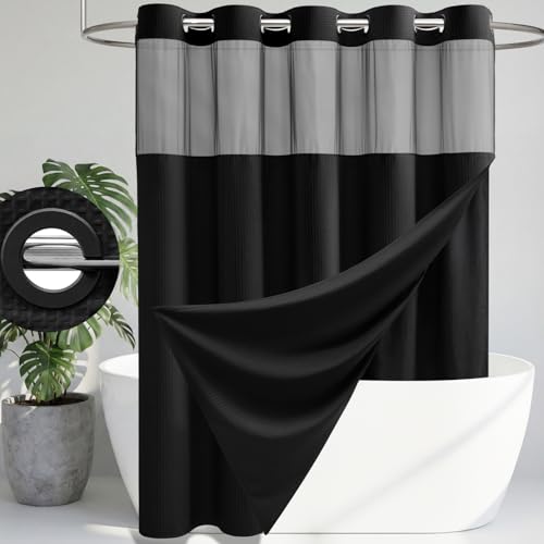 Dynamene Black Hook Free Shower Curtain & Snap in Fabric Liner with Magnets Waffle Weave Shower Curtains for Bathroom Mesh Top Window Less Time 3 in 1 Shower Curtain and Liner Set 72 W x 75 L