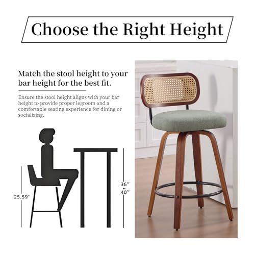 Image of Swivel Counter Height Bar Stools Set of 4, 26 inch Bar Chairs with Curved Rattan Back, Linen Upholstered Seat, Walnut Craftsmanship, Mid Century Modern Counter Stools for Kitchen Counter, Light Green