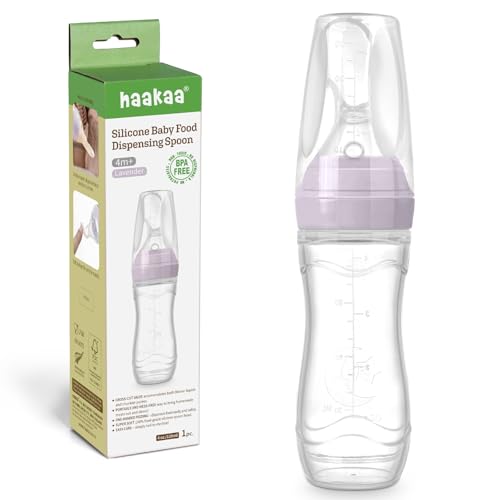 Haakaa Silicone Baby Food Dispensing Spoon Feeder 4oz - Infant Squeeze Cereal Feeder, Baby Fresh Food Feeder, Feed Bottle for Puree, Solid Baby Food, BPA Free, 4m+ Babies – Lavender