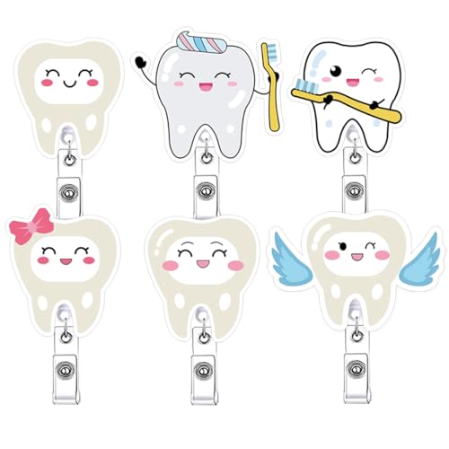 Cute Dental Badge Reel Retractable Accessories Bulk 6 Pcs Funny Tooth Dentist Badge Holder Fun Nurse Medical Nursing Badge Clip CNA LPN RN Doctor ID Card Gifts Dental Accessories for Women