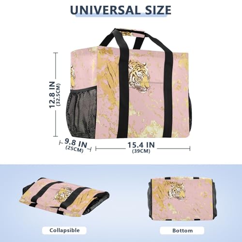Rose Golden Tigers Utility Totes Reuseable Shopping Bags Foldable Tote Bag For Beach With Pockets Canvas Canvas Laundry Carryall3