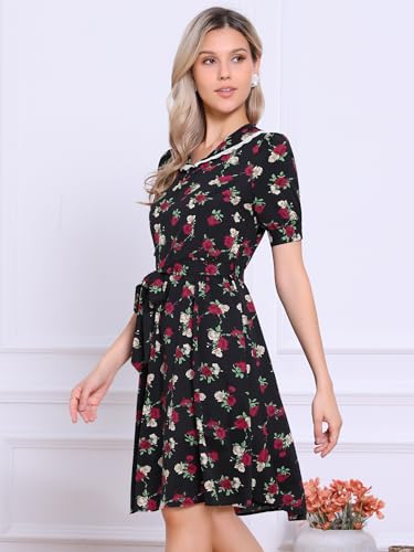 Image of Allegra K Women's Vintage Peter Pan Collar High Waist Flowy Midi Puff Sleeve Floral Dress
