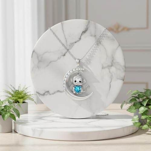 Image of PROESS Animal Birthstone Necklace 925 Sterling Silver Otter /Axolotl /Hippo /Elephant /Dachshund /Monkey /Red Panda Pendant Necklace Animal Birthstone Jewelry Gifts for Women