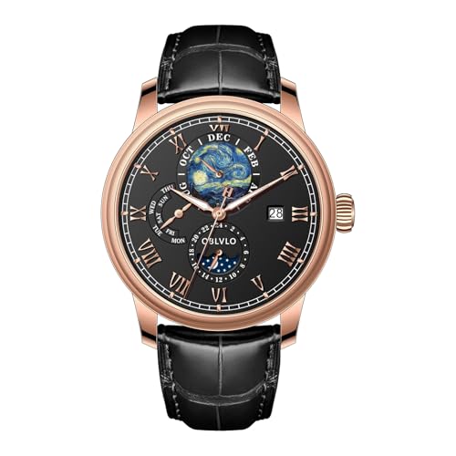 OBLVLO Unique Style Starry Star Moonphase Mechanical Watch Roman Numerals Complete Calendar Brown Leather Automatic Classic Clock AM-FG (AM-FG-PBBL)