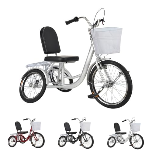 Zekono 高齢者用三輪車、大人用、転倒防止自転車、小型、20インチ、前輪駆動、耐荷重250kg、高炭素鋼、ベル/バスケット、高さ調節可能、公園での乗馬、ショッピング、初心者、 に適しています (新8文字シルバー,20インチの前輪と16インチの後輪)