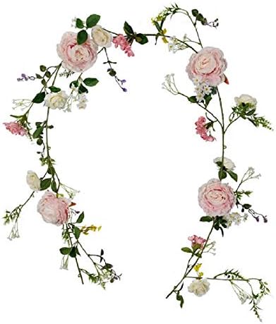 FLCSIed Artificial Peony Flowers Garland, 6 Ft Floral Greenery Garland Rose Flower Vine Garland with Mixed Peony Flowers and Green Leaves for Wedding Dining Table Home Party Decor (6Ft)