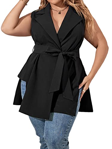 Floerns Women's Plus M Slit Asymmetrical Hem Sleeveless Belted Solid Vest Blazer