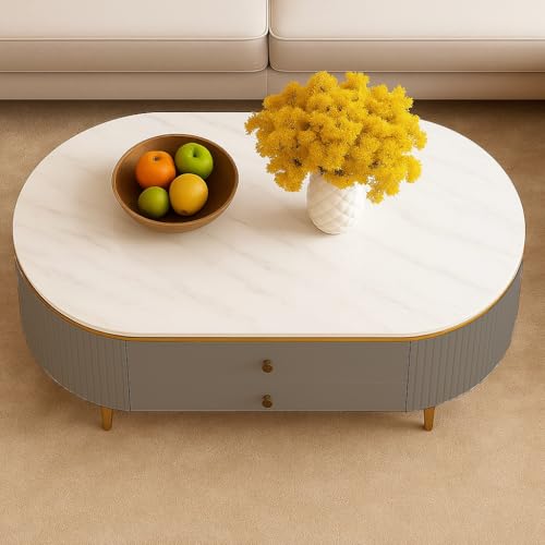 Image of WOODEN SPACE Premium Moderno Marble-Top Coffee Table with Storage Drawer & PVD Coated Iron Legs | Oval Wooden Center Table for Living Room & Entryway (Grey)