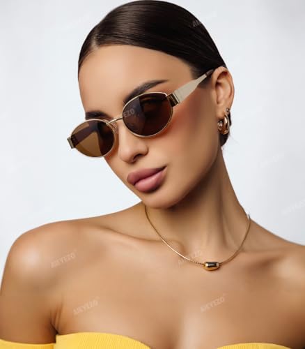 AIEYEZO Polarized Sunglasses for Women Men Retro Oval Sun Glasses Fashion Oval Metal Frames UV400 Protection Lens (Gold/Brown)3