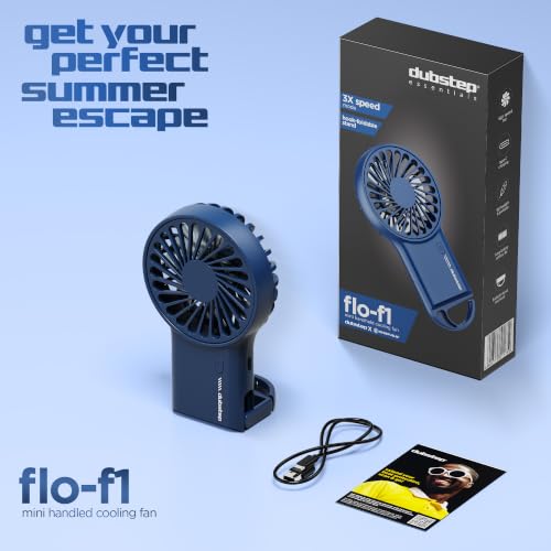 Image of Dubstep Flo-F1 Mini Handheld USB Rechargeable Cooling Fan with 3x Speed Mode, Foldable Hook & Stand, 8000 RPM, 3 Speed, Powerful Mini Fan for Travel, Office, Kitchen, Lightweight & Quiet (Blue)
