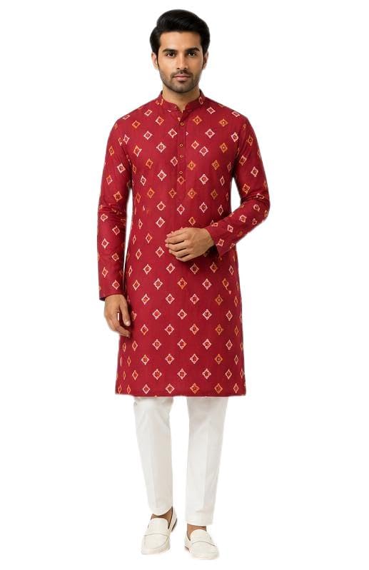 Men's Red handblock Printed Kurta Pyjama Set, Full Sleeve-picture-19