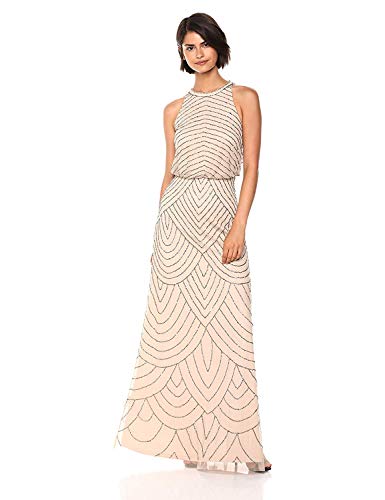Adrianna Papell Women's Halter Art Deco Beaded Blouson Dress, Nude, 2