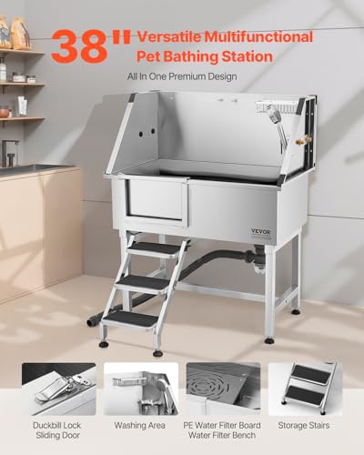 VEVOR Hundewaschstation aus Edelstahl, 961x620x1220 mm, Tierpflegewanne mit Ablagetreppe, Wasserhahn, Duschkopf & Seifenhalter, Hundebadewanne für große, mittelgroße & kleine Haustiere (Linke Tür)