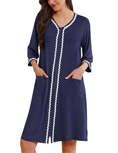 Image of Ekouaer Zipper Robes for Women 3 /4 Sleeves Lightweight House Coat Zip Up Bathrobe Soft Nightgown with Pockets S-3XL