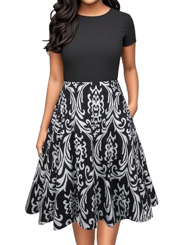 Image of oxiuly Women Casual Dress Round Neck Soft Cotton Floral A-Line Midi Summer Dresses with Pockets OX262