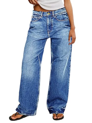 Flamingals Baggy Jeans for Women Mid Rise Straight Leg Stretchy Wash Casual Boyfriend Jeans Trendy