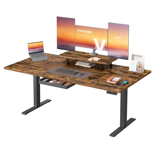 VASAGLE Höhenverstellbarer Schreibtisch, 160 x 80 cm, flexibel montierbarer Monitorständer, Schublade, USB-C-Anschluss, Erinnerung bei langem Sitzen, für Büro, vintagebraun LSD156KD01