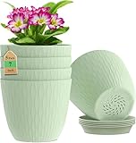 StyleX Store Plastic Round Flower Pots with Drainage Hole Saucers | Durable Outdoor Indoor Wave Pattern Planters with Tray | Plant Containers for Garden, Office, Balcony and Home (Set of 5, Green)