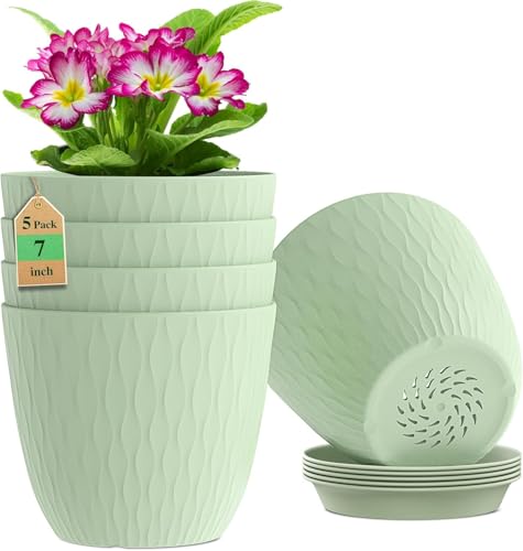 Image of StyleX Store Plastic Round Flower Pots with Drainage Hole Saucers | Durable Outdoor Indoor Wave Pattern Planters with Tray | Plant Containers for Garden, Office, Balcony and Home (Set of 5, Green)