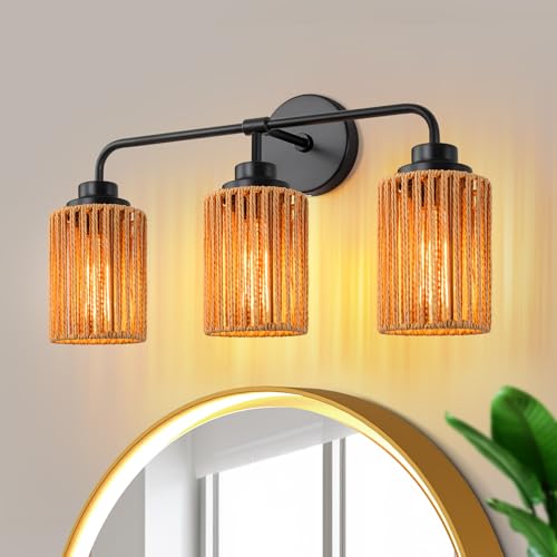 Image of 3-Light Bathroom Vanity Light Fixtures, Rattan Bathroom Lighting Fixtures Over Mirror with Wicker Lampshades, Boho Rustic Style Wall Sconce for Living Room, Bedroom
