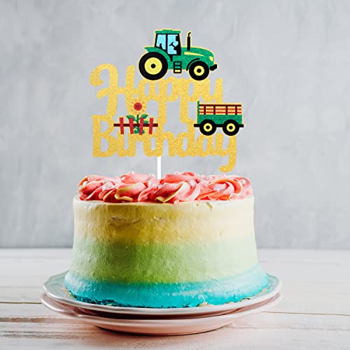 Farm Tractor Happy Birthday Cake Topper - Green Tractor Happy Birthaday Glitter Cake Topper - Boy's Farm Vehicle Green Tractor Birthaday Cake Decoration #TOP2