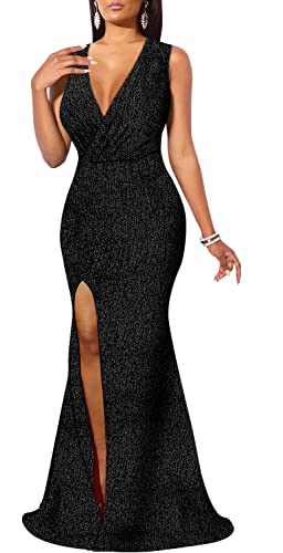 Image of Women's Sexy Long Sleeve Sparkly Maxi Dress V Neck High Slit Wrap Formal Gown Cocktail Glitter Maxi Long Dresses