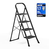 SONGMICS Trittleiter, Leiter mit 4 Stufen, Klapptritt, Klappsicherung, einfach zu verstauen, bis 150 kg belastbar, schwarz GSL004BZ01