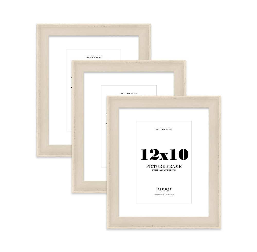 12x10" Cream Picture Frame with 9x6" Mount - Shabby Chic Photo Frame with Distressed Finish, Wall Hooks and Kickstand, 32mm Edge - 3 Pack