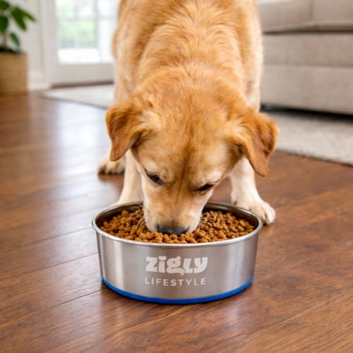 Image of Zigly Stainless Steel Dog Feeding Bowl for Large & Giant Breeds | Rust-Resistant Anti-Skid Food & Water Bowl | Heavy Duty, Hygienic & Easy to Clean Pet Bowl | L | 1860ml