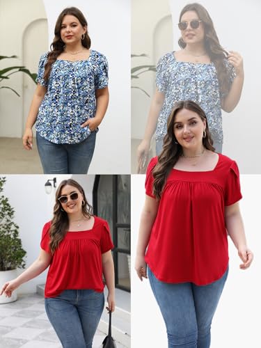 VISLILY Womens-Plus-Size-Summer-Tops Petal Short Sleeve T Shirts Square Neck Blouses Flowy Pleated Tunics XL-5XL4