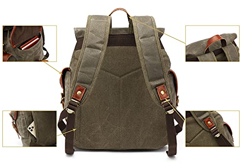 HuaChen Vintage Heavy Duty Canvas Backpack with Leather Trims,Military Rucksack for Travel, Hiking,School, College Bookbag Daypack - M85 Army Green4