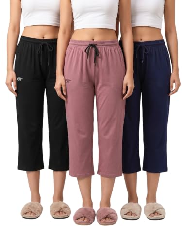 Image of Fflirtygo Women's Cotton Plain Calf Length Capri | Nightwear Pajama | 3 /4th Solid Pyjama Pant | Black Navy and Lavender Lounge Pants | Casual wear & Lounge Wear Capri Combo (Pack of 3)
